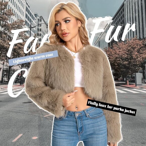 🆕Women Khaki Cropped Fur Coat for Faux Furry Long Sleeve Cropped Fluffy Jacket - Picture 2 of 6